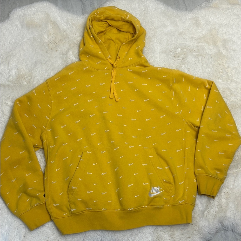 Nike All-Over Swoosh Hoodie Sweatshirt Yellow Rare Size L